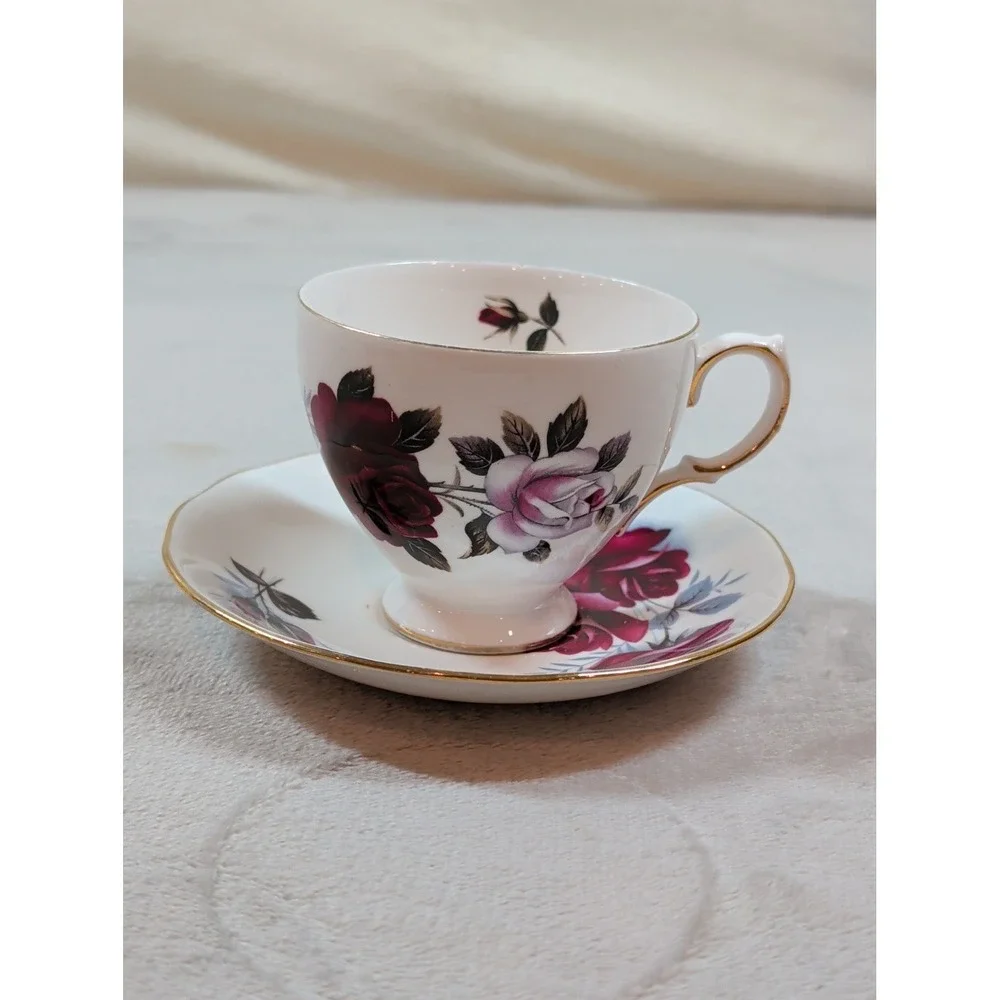 Vintage Colclough Teacup‎ and Queen Anne Saucer Mismatched Bone China Rose Set